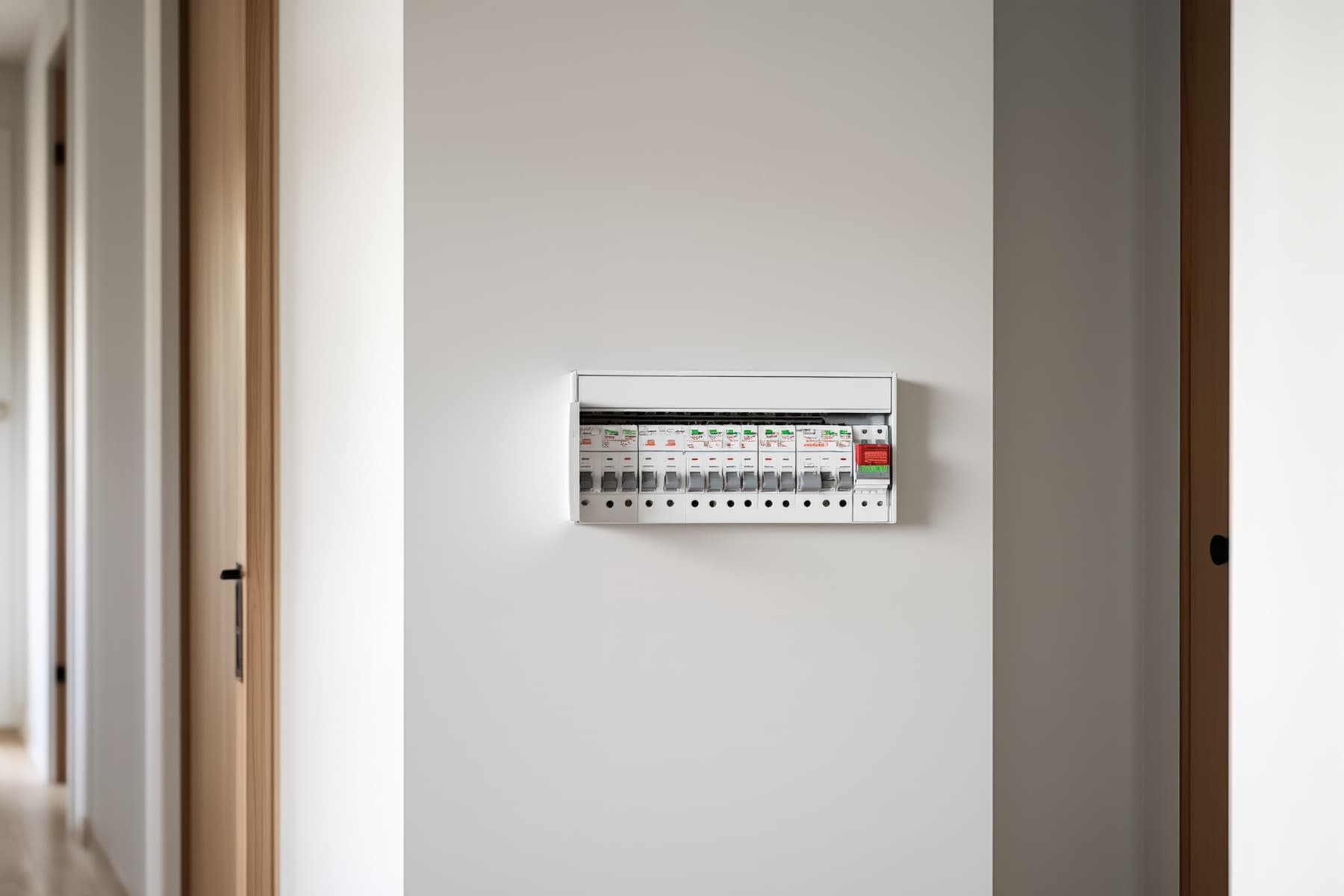 Nyinstallerad modern normcentral med automatsäkringar i en hall