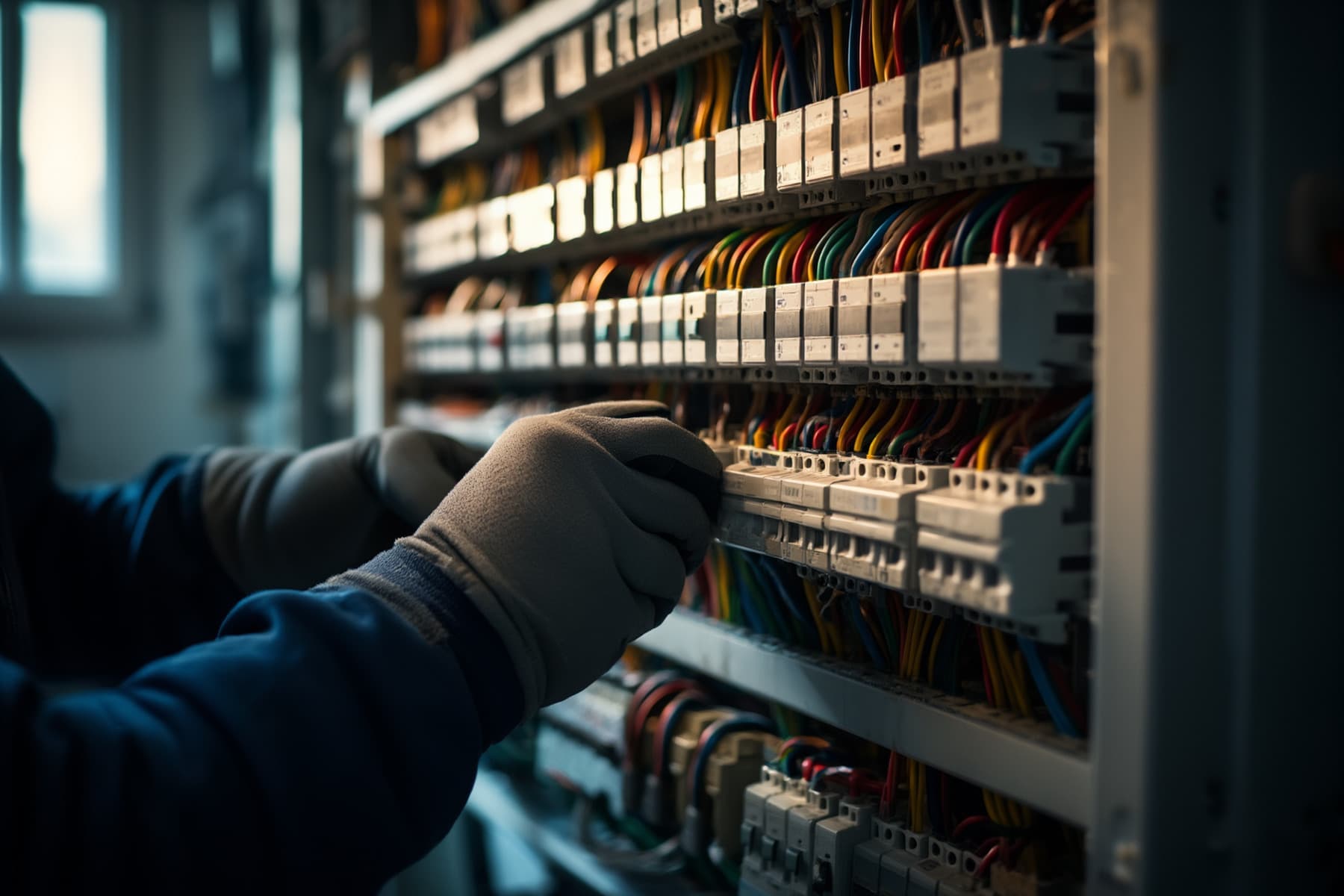 Elektriker kopplar in kablar i en elcentral